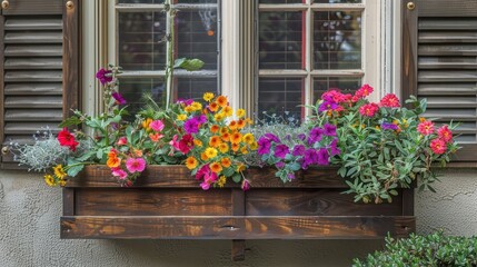 handcrafted wooden window box, filled with colorful annuals, below a craftsman-style window with shutters