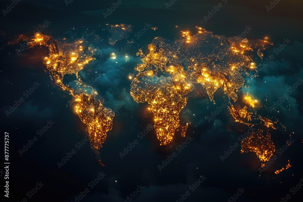 Poster a map of the world at night, world map illuminated, showcasing the global reach of social justice in