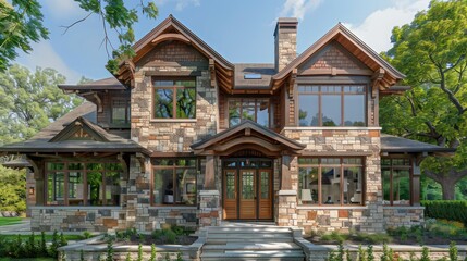 Obraz premium suburban craftsman home with a hand-laid stone exterior and detailed wooden trim around the windows