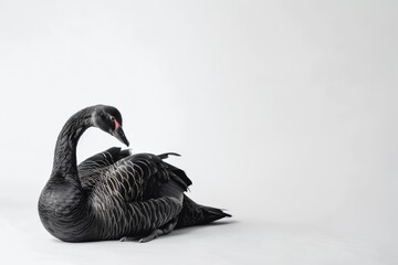 Fototapeta premium the beside view of a Black Swan, left side view, white copy space on right, dutch angle view, isolated on white background
