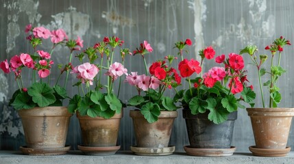 Fototapeta premium Pelargonium plants in pots against concrete backdrop