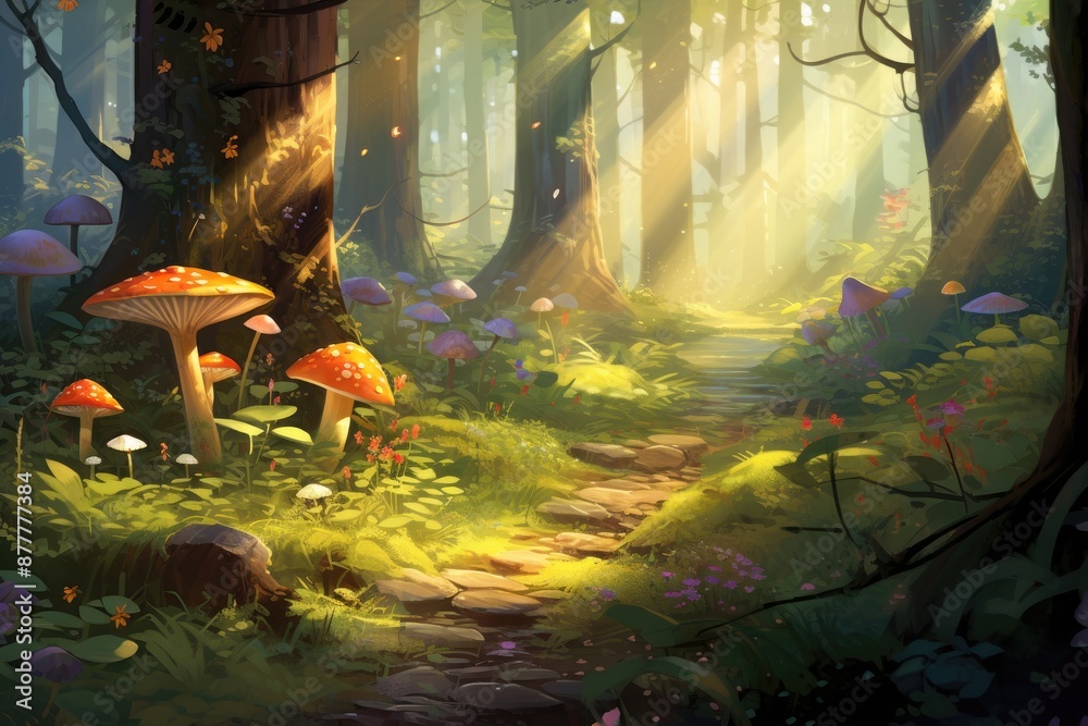 Poster mushrooms in the forest with the sun shining through the trees, treehouse amongst an enchanted fores