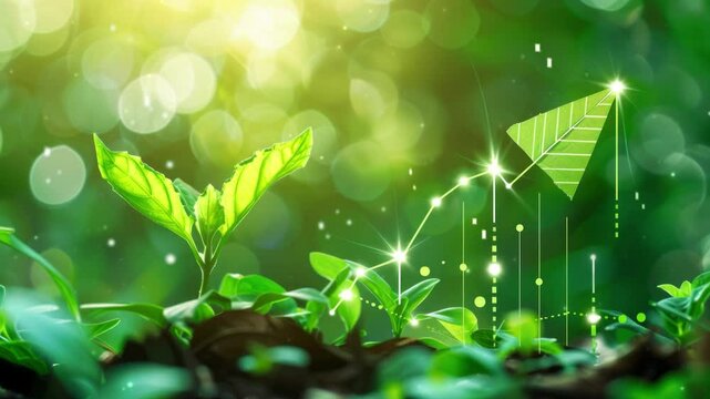 Green and sustainable development in the business sector, showcasing upward arrows symbolizing the growth and positive impact of environmental, social, and governance (ESG) practices.
