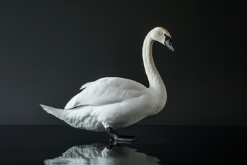 Fototapeta premium the beside view Whistling Swan, left side view, white copy space on right, isolated on black background