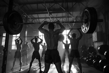 Weightlifting Nearby, a group of weightlifters engaged in a rigorous session, demonstrating the precision and strength of Olympic lifting techniques.