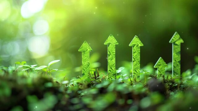 Green and sustainable development in the business sector, showcasing upward arrows symbolizing the growth and positive impact of environmental, social, and governance (ESG) practices.