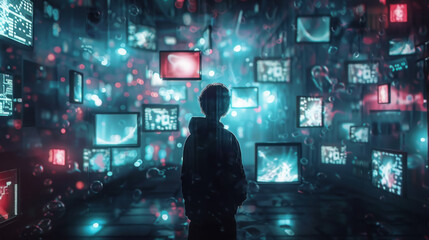 Fototapeta premium Electronic Enchantment, Person Spellbound by Glowing Technology
