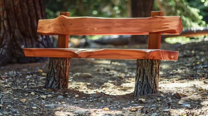 Naklejka premium Craftsman-inspired outdoor bench with a backrest, made from heavy timber and designed for durability and comfort