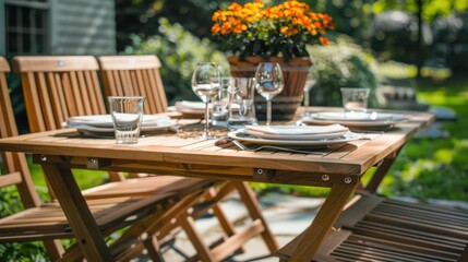 Craftsman-inspired outdoor table with fold-down sides, crafted from wood and designed for versatile use in a garden setting
