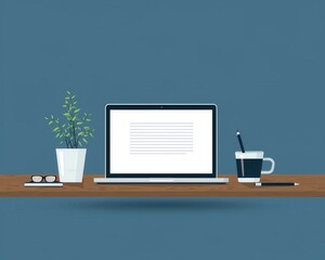 Minimalist workspace setup with laptop, glasses, potted plant, and coffee cup. Ideal for productivity, remote work, and office concepts.
