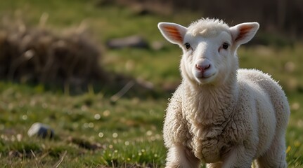 Obraz premium cute baby lamb, standing in lush green grass, bright blue sky, daytime, soft sunlight, high contrast, vibrant colors, picturesque countryside background, playful and curious expression.generative.ai