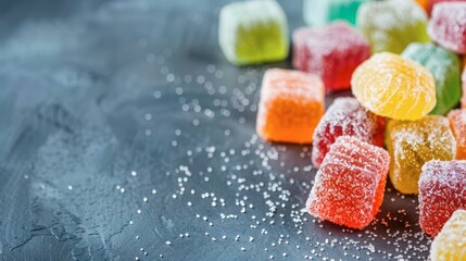 Colorful Gelatin Cubes On Dark Surface With Sugar Crystals