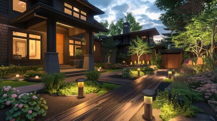Fototapeta premium Craftsman-style front yard with a wooden walkway and bespoke outdoor lighting fixtures, creating a welcoming path to the home