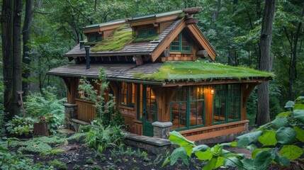 Naklejka premium Craftsman-style garden shed with custom woodwork and a green roof, blending into the natural surroundings