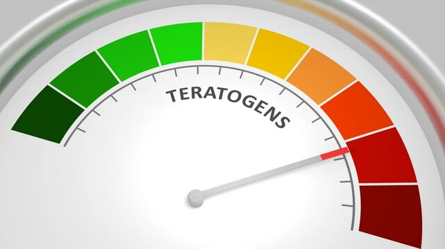 Meter scale with arrow. Teratogens measuring device display. Tachometer, speedometer or indicator. Infographic gauge element. Health care concept.