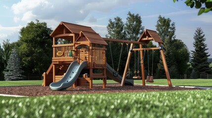 Craftsman-style outdoor wooden playset, featuring a slide and swings, designed with safety and durability in mind