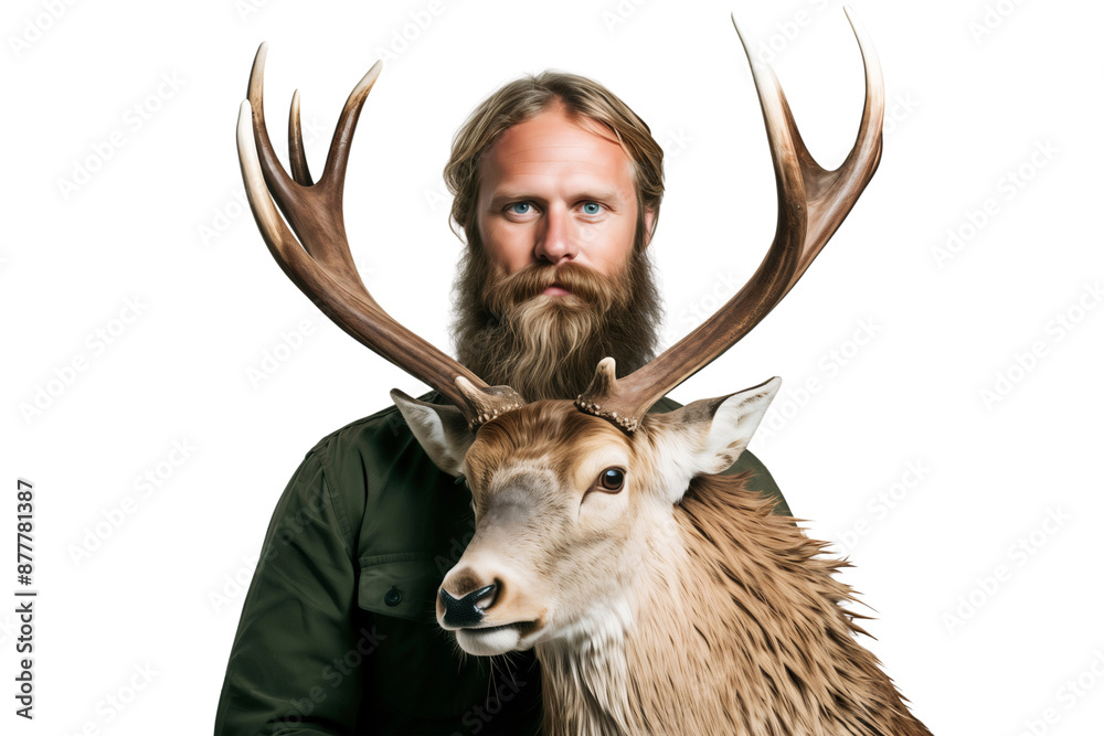 Wall mural Portrait of a smiling man holding a cute deer. Pet photography concept, isolated on transparent background