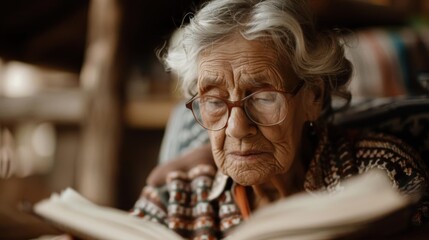 Elderly woman wearing glasses reading a book.