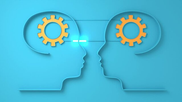 Personal growth and development. Business coaching and education concept. Connected human heads with gear shift. Social network and business communication.