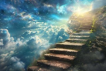 Heavenly Staircase Illuminated by Ethereal Light in a Mystical Path through the Clouds