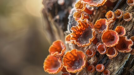 Orange Cup Fungi Growing on a Tree Branch in a Forest