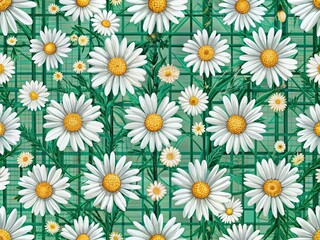 Fototapeta premium Vibrant seamless pattern featuring white daisy flowers intertwined with green distorted cage elements, evoking a nostalgic and fashionable flair reminiscent of the 90s and Y2K era.