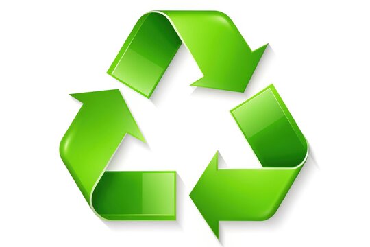 A bright green universal recycling emblem, formed by three curved arrows, stands out against a clean white background, symbolizing eco-friendliness and sustainability.