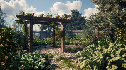 Craftsman garden with a custom-built wooden arbor, creating a stunning visual entrance to a vegetable patch