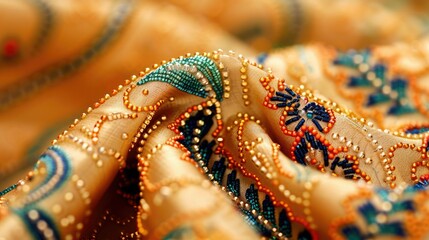 Obraz premium Close-up of intricate embroidery on orange fabric with detailed beads and patterns. Perfect for textiles, fashion, and creative design concepts.