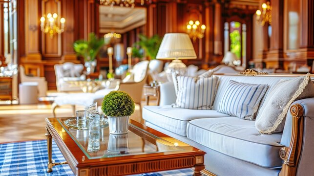 Elegant luxury hotel lobby with classic interior design, comfortable seating, and decorative furnishings, exuding sophistication and style.