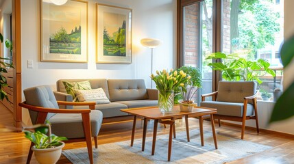 Modern living room with cozy furniture, indoor plants, and large windows providing natural light and a serene atmosphere.