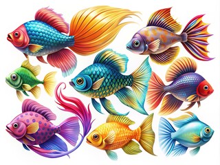 Fototapeta premium Vibrant tropical aquarium fish set, featuring diverse species with swirling tails, shimmering scales, and exotic fins, isolated on a white background in vector format.