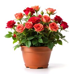 Fresh roses in a pot on white background