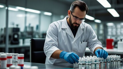Pharmacist scientist with sanitary gloves examining medical vials on production line conveyor belt in pharmaceutical healthcare factory 