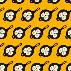 Breakfast of 3 eggs in a cast iron frying pan in trendy shades. Culinary food background design idea