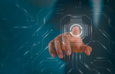 Update software concept. Person touching program upgrade technology on virtual screen. Operating system upgrade, Improved functionality in the new version.