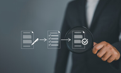 Magnifying glass focus to Approve document icon on white background for business process workflow illustrating management approval and and project approve concept.