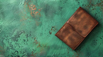 Snakeskin wallet with vintage feel on green backdrop empty area