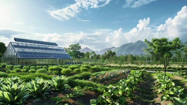 A sustainable farm showcasing the innovative agrivoltaics concept, where solar panels are harmoniously integrated above crops to maximize land use for renewable energy and agriculture. 