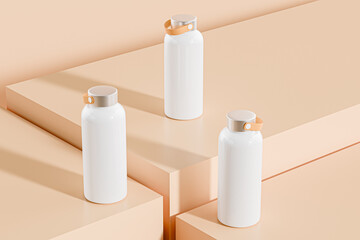 Three thermos bottles on a podium with an orange background. isolated white colour object with 3d rendering
