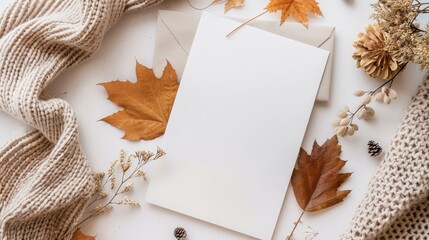 Autumn themed flat lay with blank paper fabric dried foliage on white backdrop