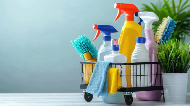 Assorted cleaning supplies in a metal caddy on a white surface, with a plant in the background, signifying cleanliness and hygiene.