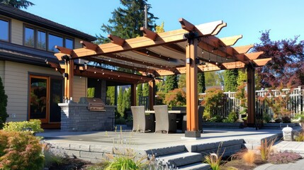 Fototapeta premium hand-laid wooden Craftsman-style patio covering, featuring beams and a waterproof canopy to provide shade and protection from the elements