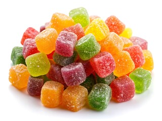 Gummy candies in wooden bowl isolated on white background.