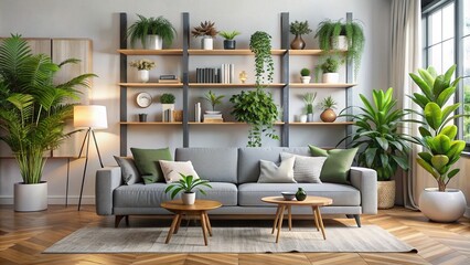 Serene living room featuring a grey sofa, surrounded by modern shelving units, lush houseplants, and stunning artwork adorning a crisp white wall backdrop.
