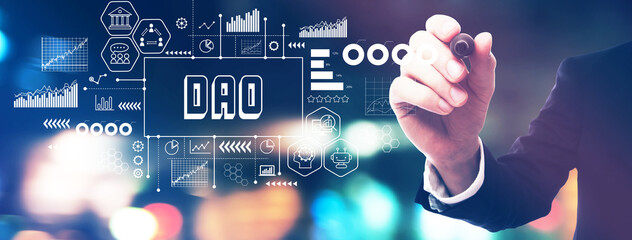 DAO- Decentralized Autonomous Organization theme with a businessman in a blurred city lights at night