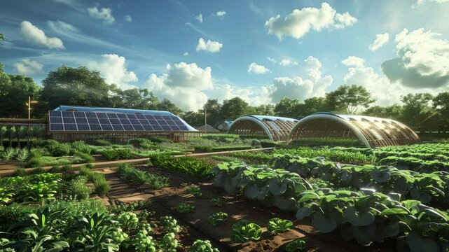 A sustainable farm showcasing the innovative agrivoltaics concept, where solar panels are harmoniously integrated above crops to maximize land use for renewable energy and agriculture. 
