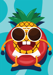 Pineapple cartoon character lay down on rubber ring in swimming pool. Summer time holiday concep