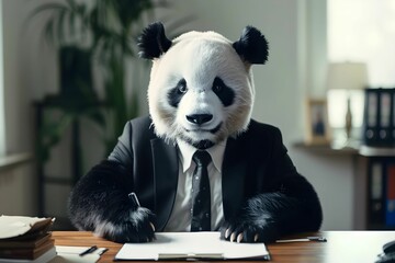 Giant Panda in a suit and tie, working at a desk in an office.