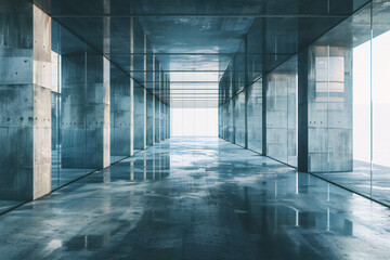 Modern Architectural Corridor with Reflective Surfaces and Symmetrical Design